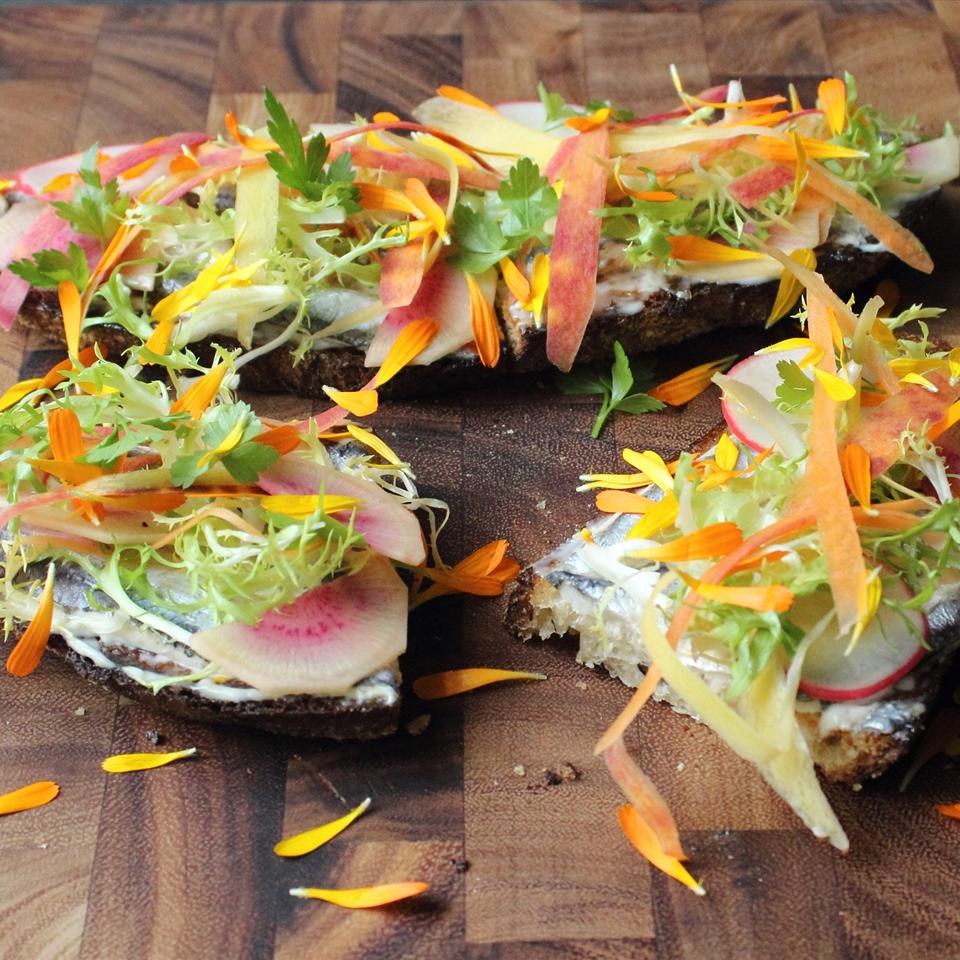 Spring Vegetable Tartine with White Anchovies