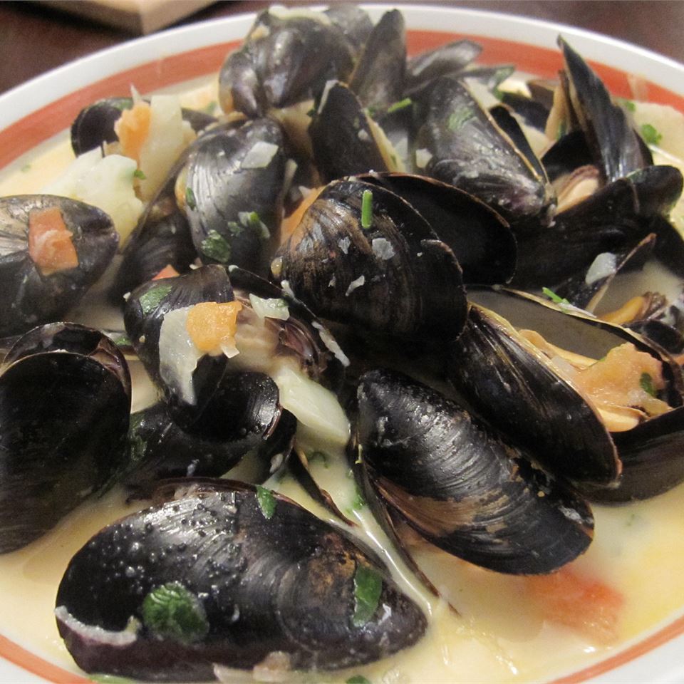 Steamed Mussels with Fennel, Tomatoes, Ouzo, and Cream