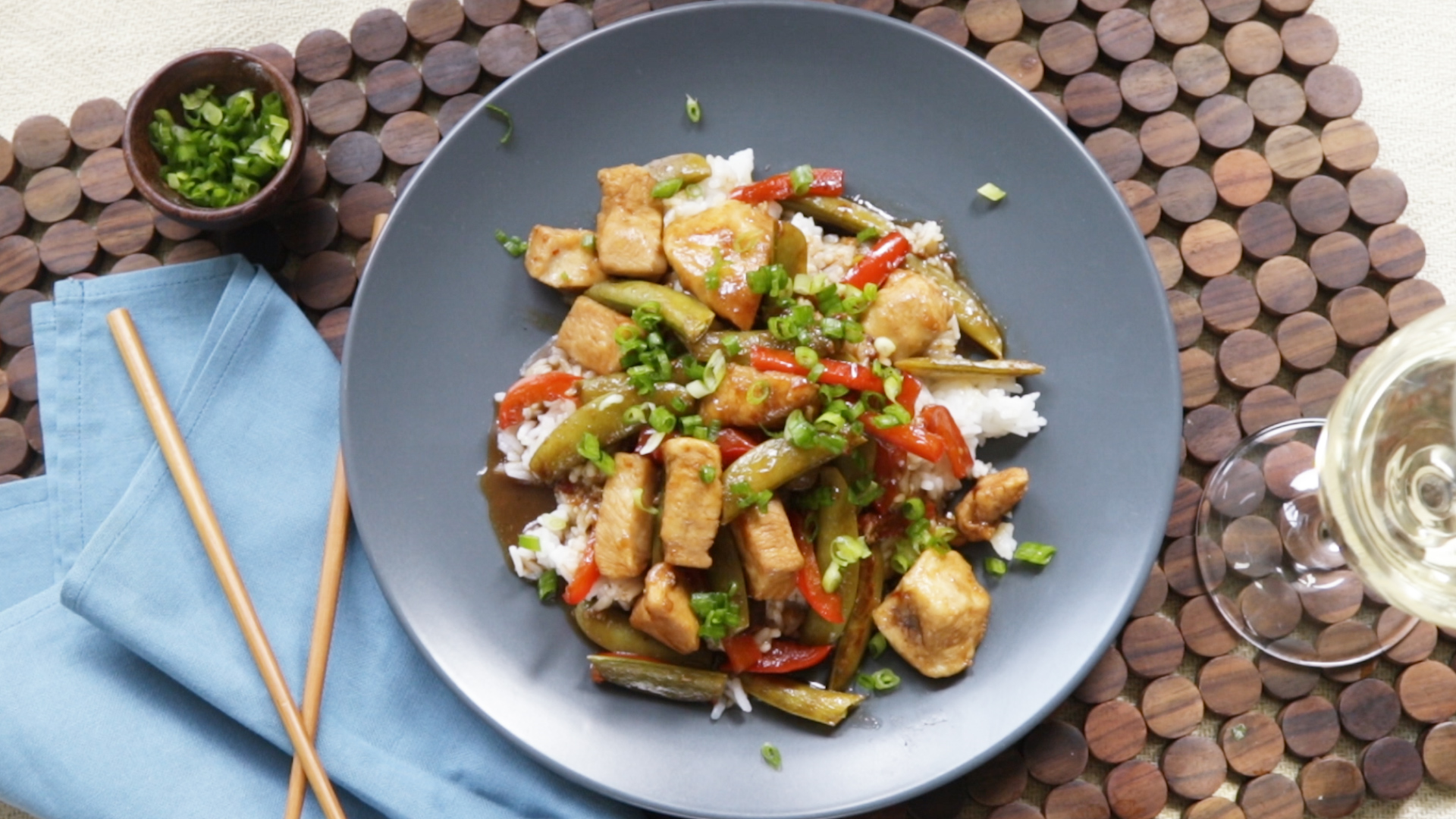 Szechuan Chicken, Peppers, and Peas on Rice