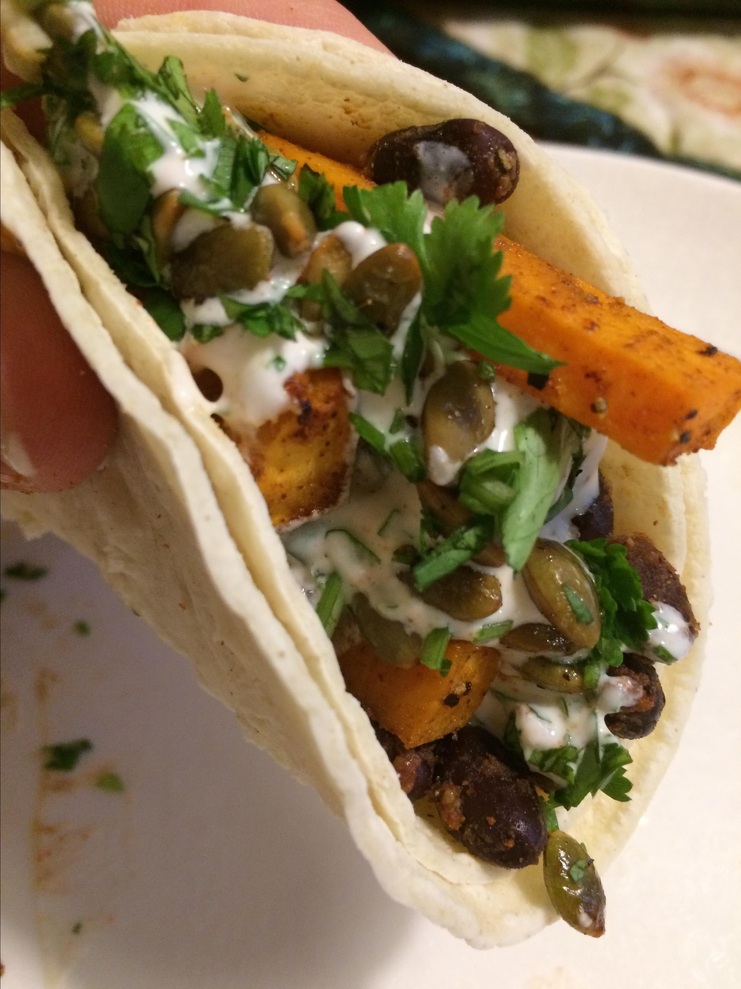 Vegan Cilantro-Lime, Sweet Potato, and Black Bean Tacos