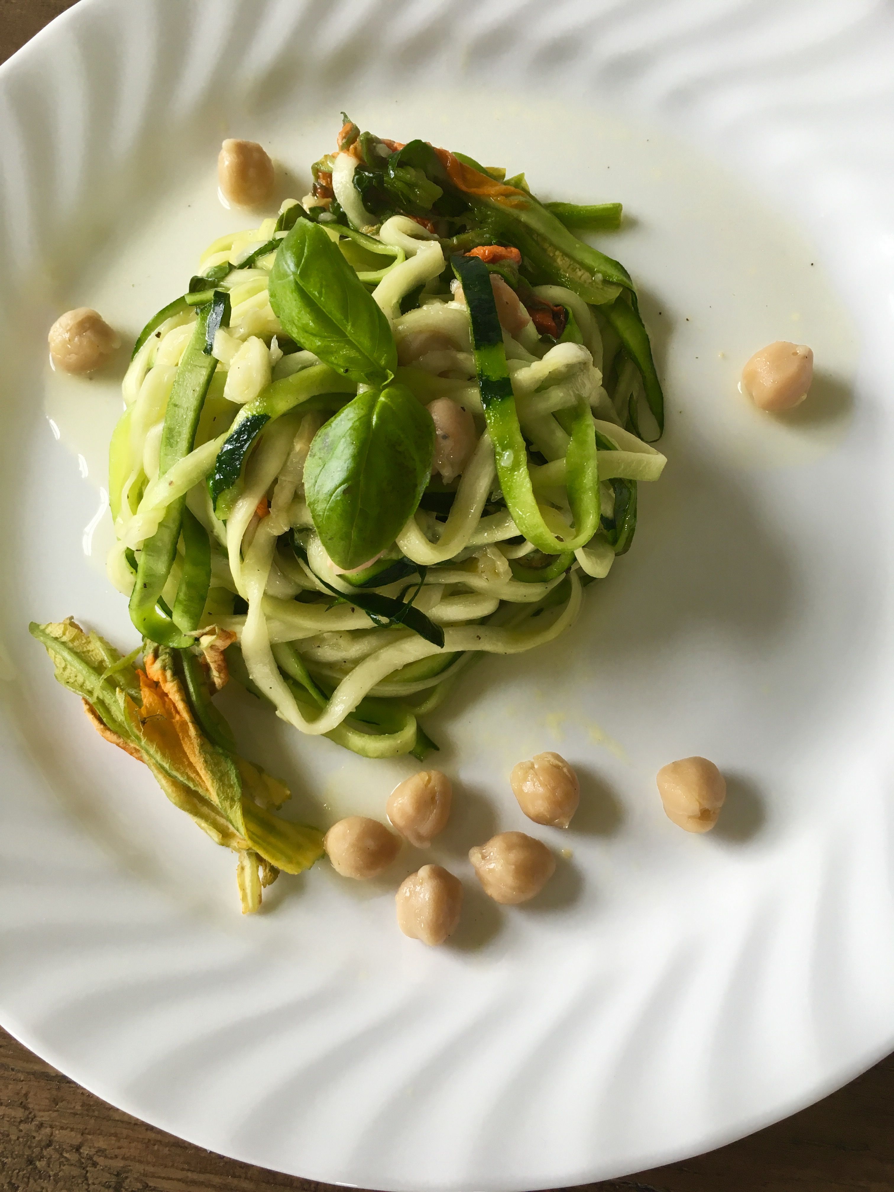 Vegan Zucchini Noodles with Chickpeas and Zucchini Blossoms