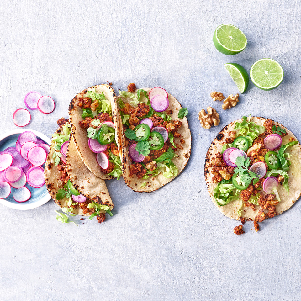 Walnut \"Chorizo\" Tacos with Pickled Vegetables