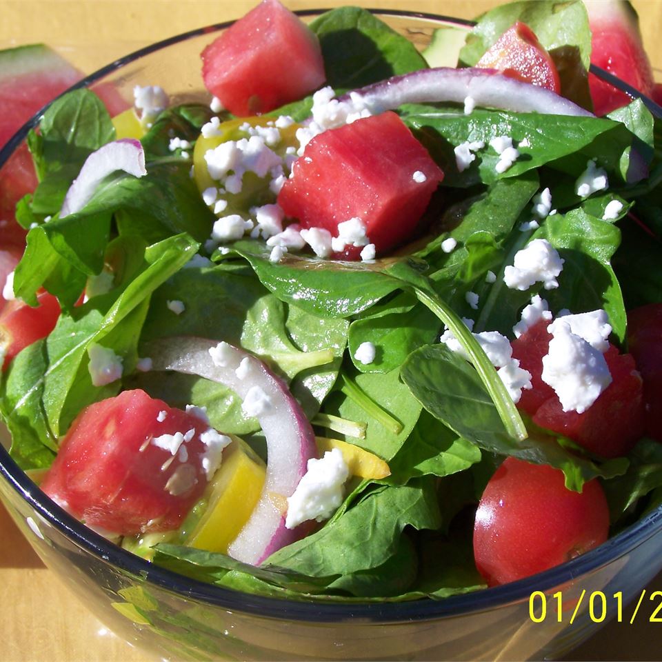 Watermelon and Feta Salad with Arugula and Spinach